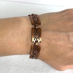 Copper Stamped Sun-Burst Sun Celestial Rectangular Panel Link Bracelet 7.25"